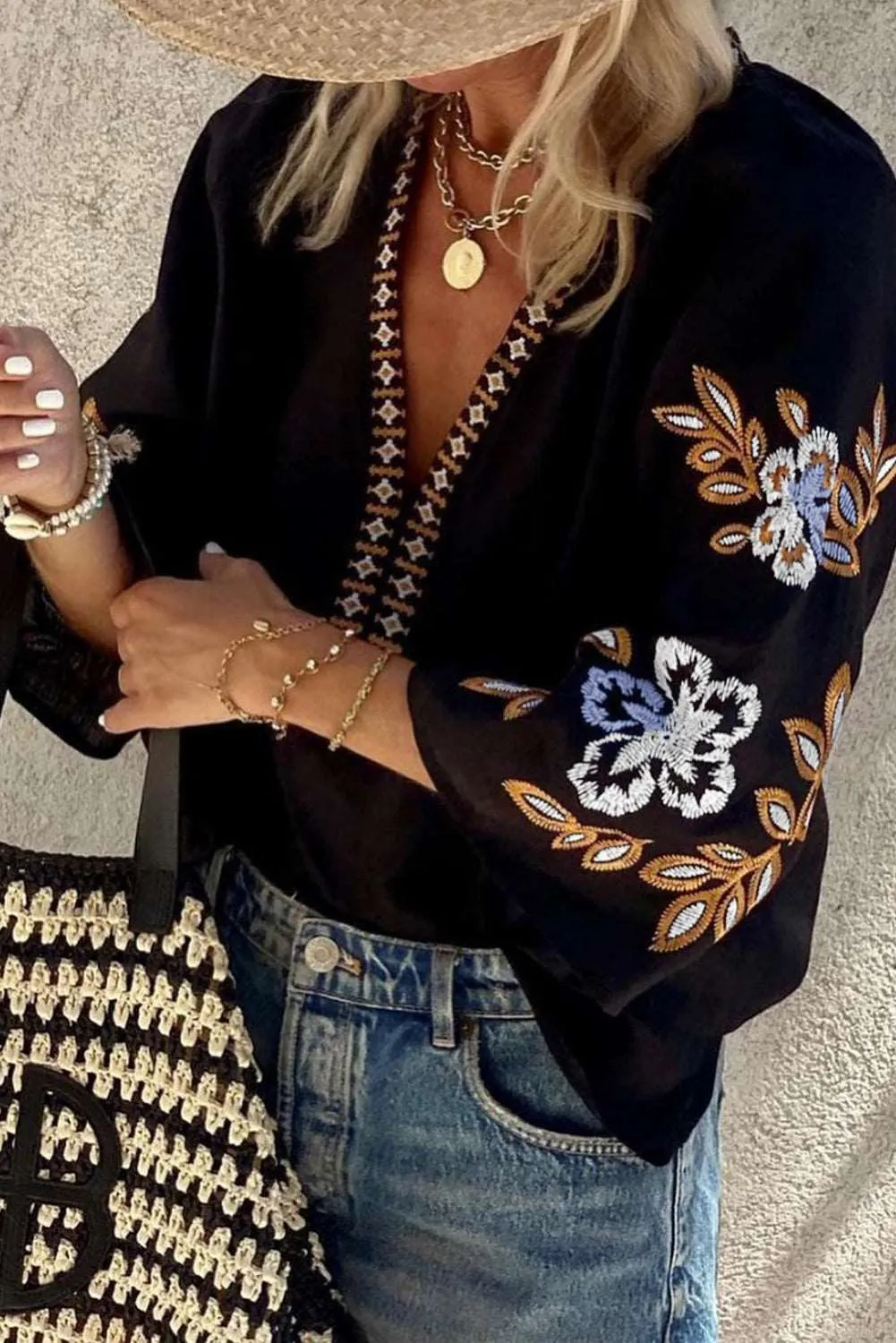 Black Floral Embroidered Sleeve Bohemian V Neck Blouse