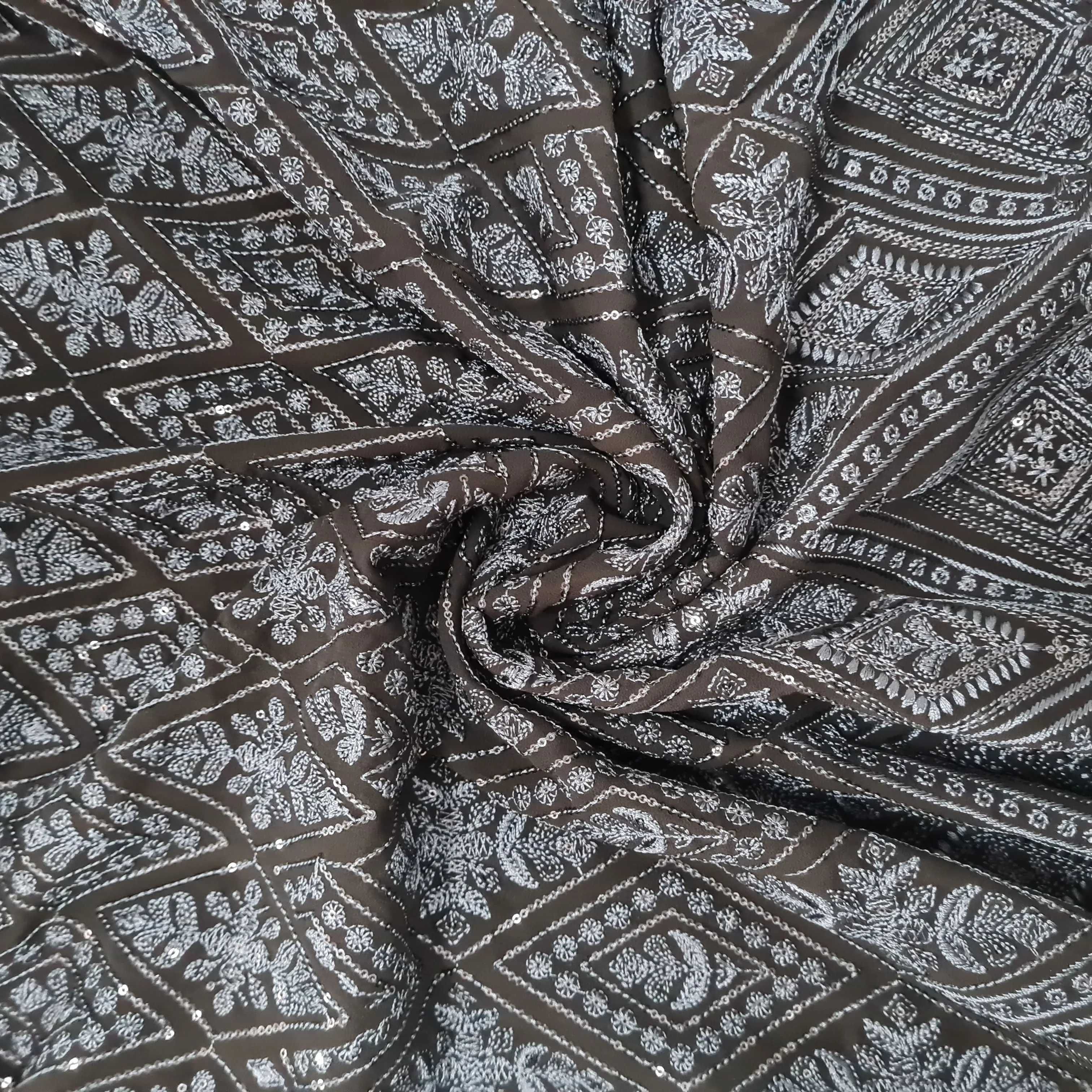 Black Geometrical Thread Embroidery Georgette Fabric 17861