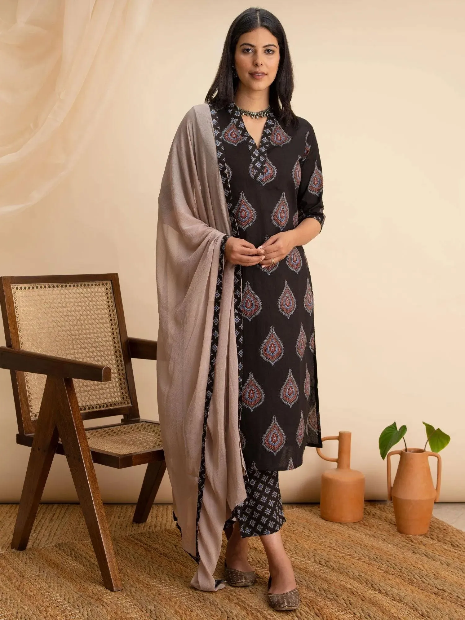 Black Printed Cotton Straight Kurta With Dupatta