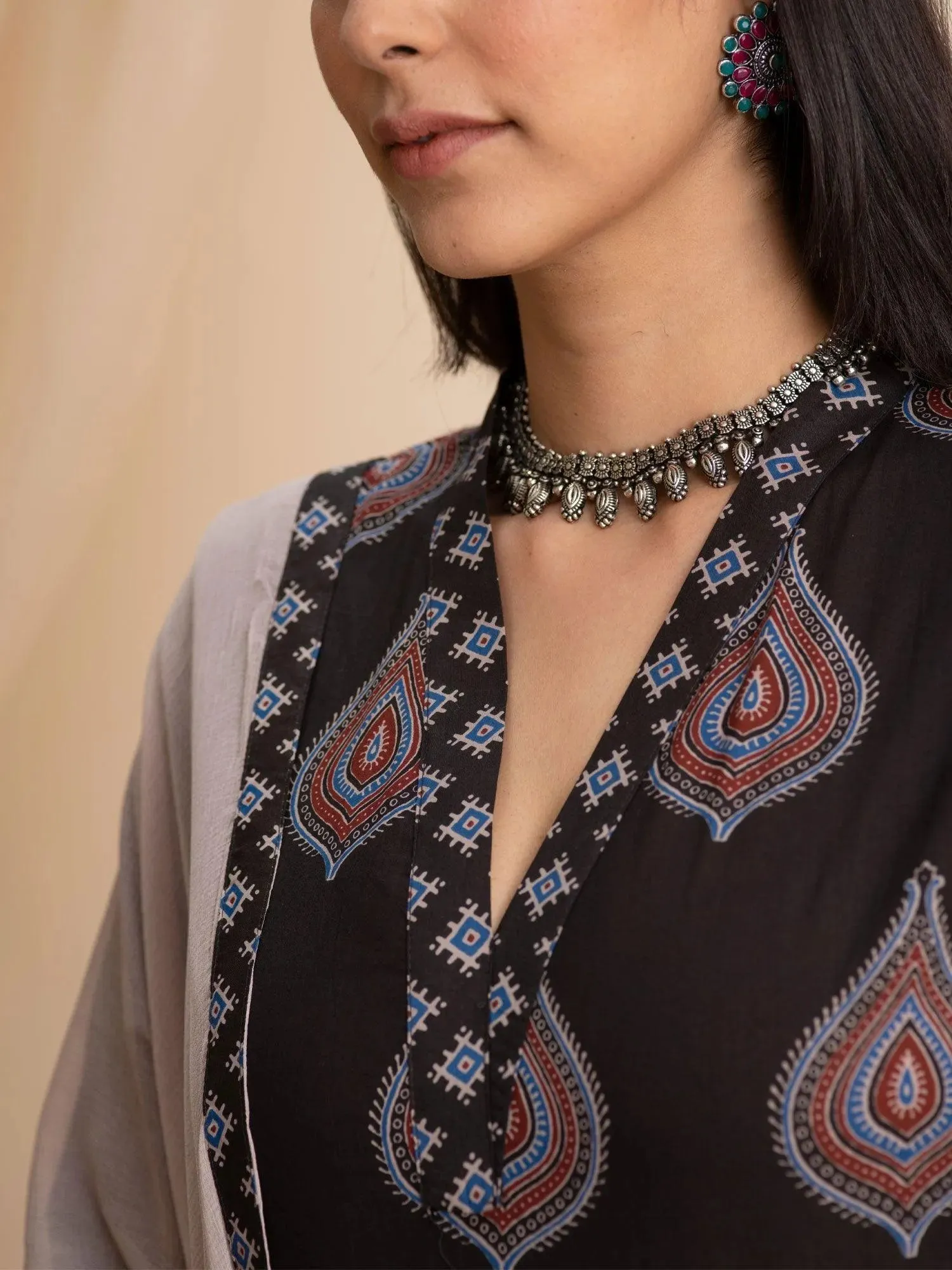 Black Printed Cotton Straight Kurta With Dupatta