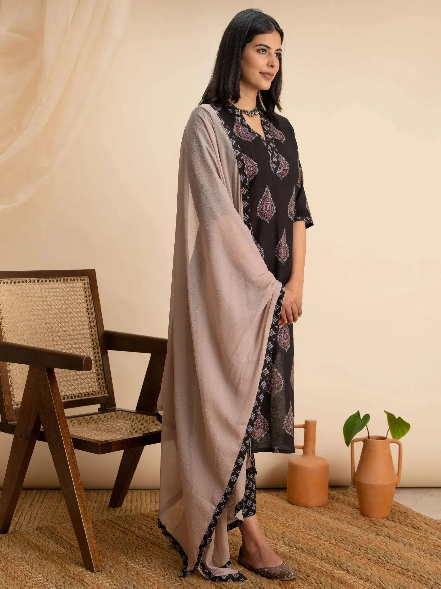 Black Printed Cotton Straight Kurta With Dupatta