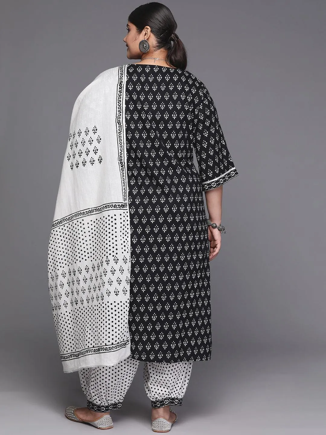 Black Printed Cotton Straight Kurta With Salwar & Dupatta