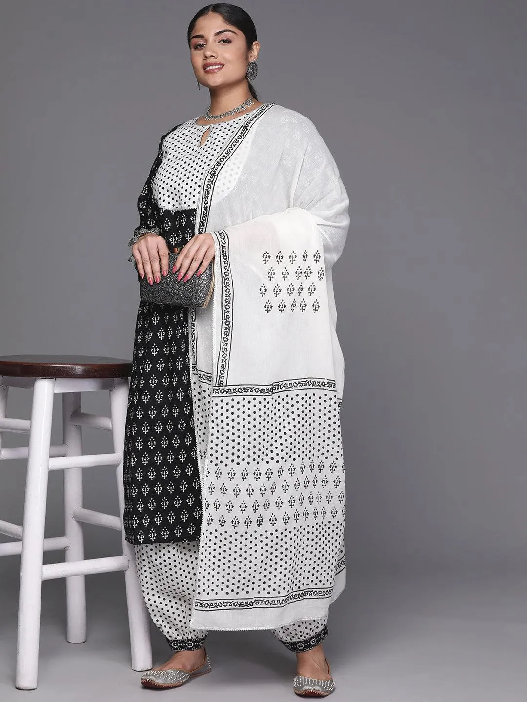 Black Printed Cotton Straight Kurta With Salwar & Dupatta