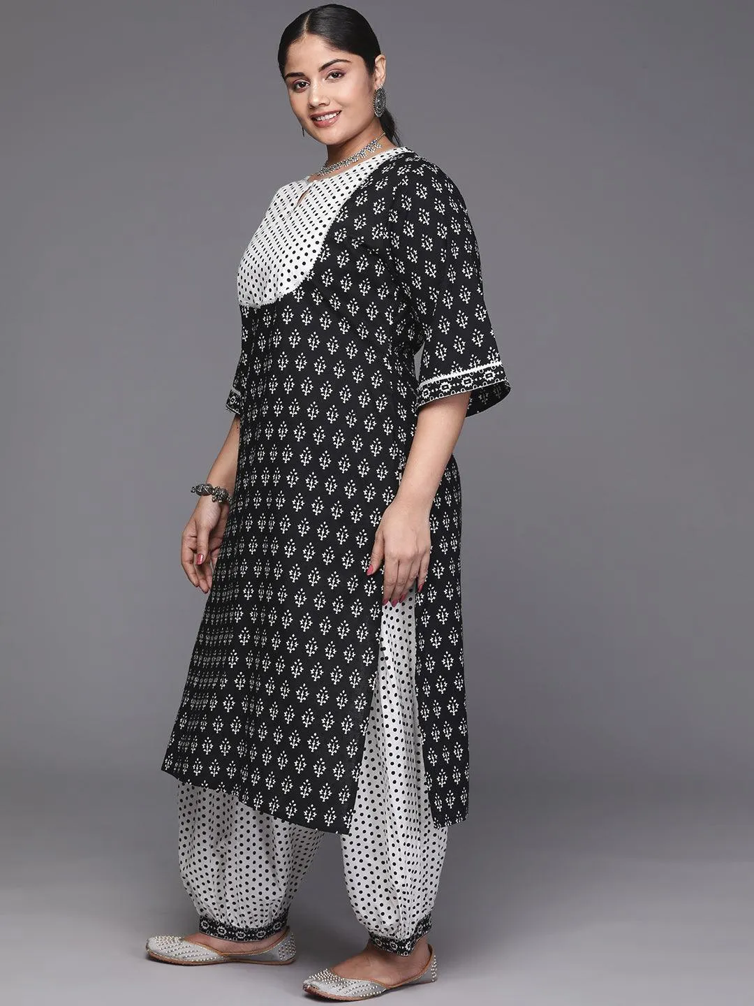 Black Printed Cotton Straight Kurta With Salwar & Dupatta