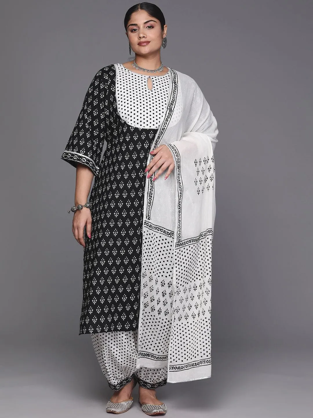 Black Printed Cotton Straight Kurta With Salwar & Dupatta