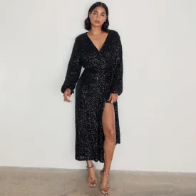 Black Sequin Kira Wrap Dress Petite