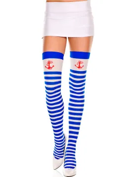 Blue and White Striped Opaque Anchor Print Thigh Hi Hosiery, One Size