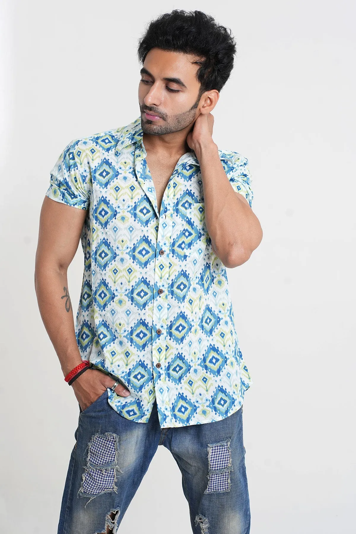 Blue Squares Print Half Sleeves Cotton Shirt | Style Matters