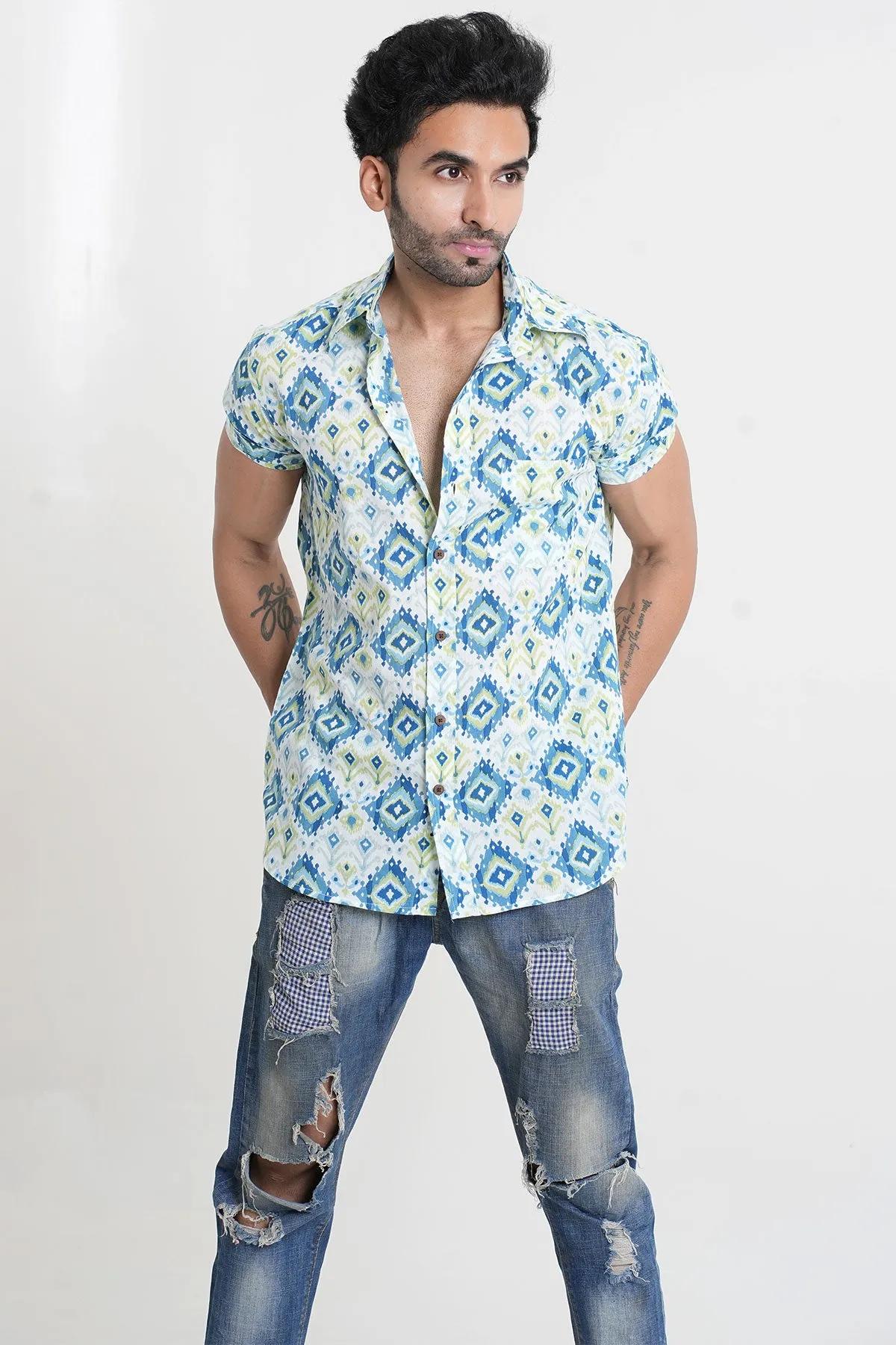 Blue Squares Print Half Sleeves Cotton Shirt | Style Matters