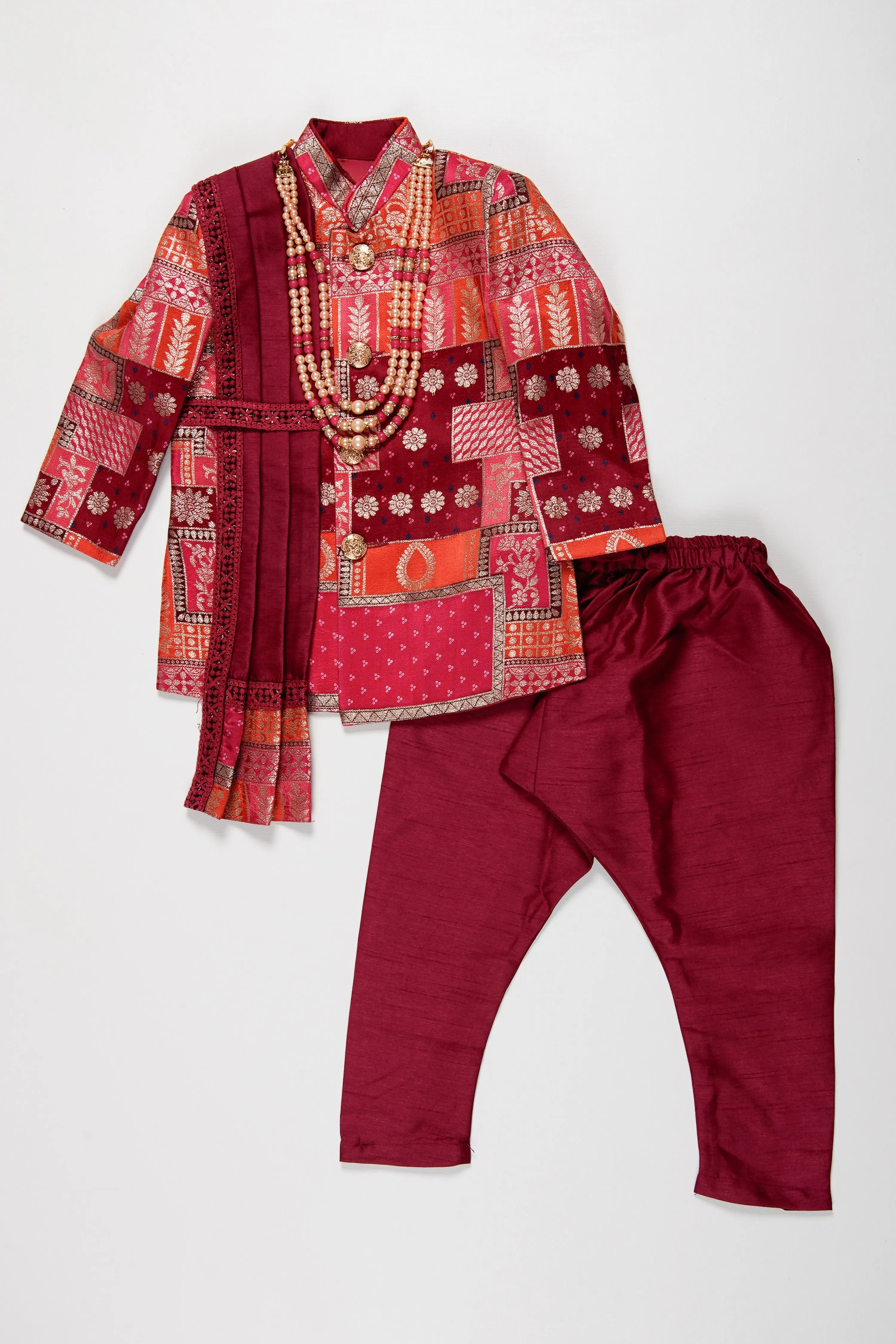 Boys Royal Maroon Sherwani Set with Kurta and Churidar