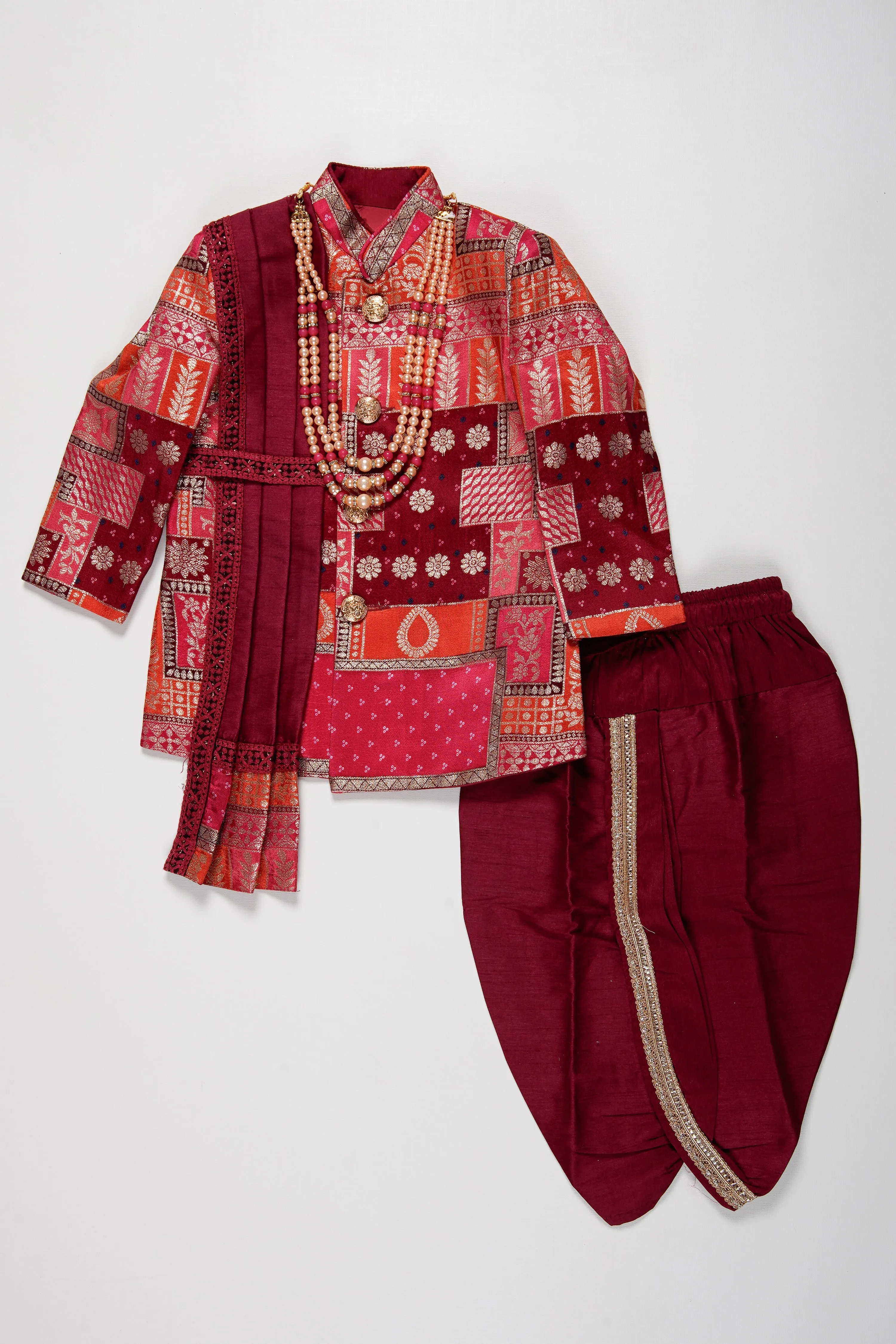 Boys Royal Maroon Sherwani Set with Kurta and Churidar