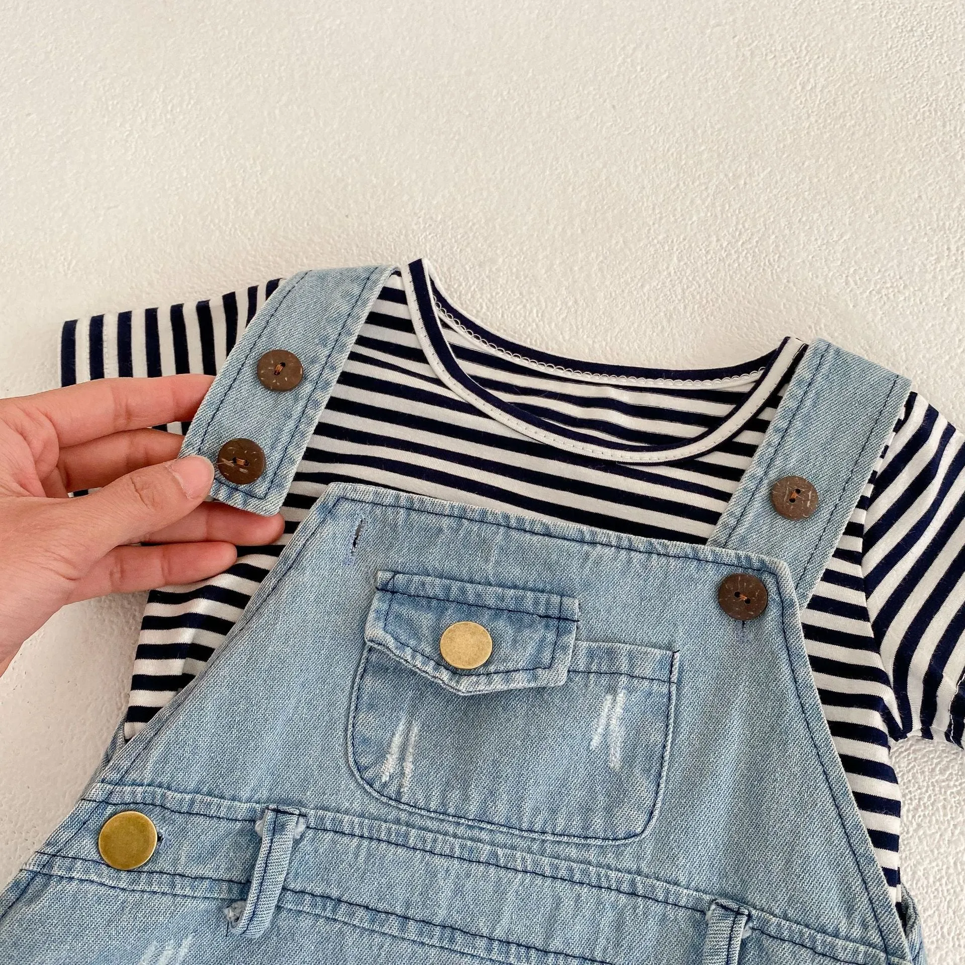 Casual Striped Top & Denim Overalls