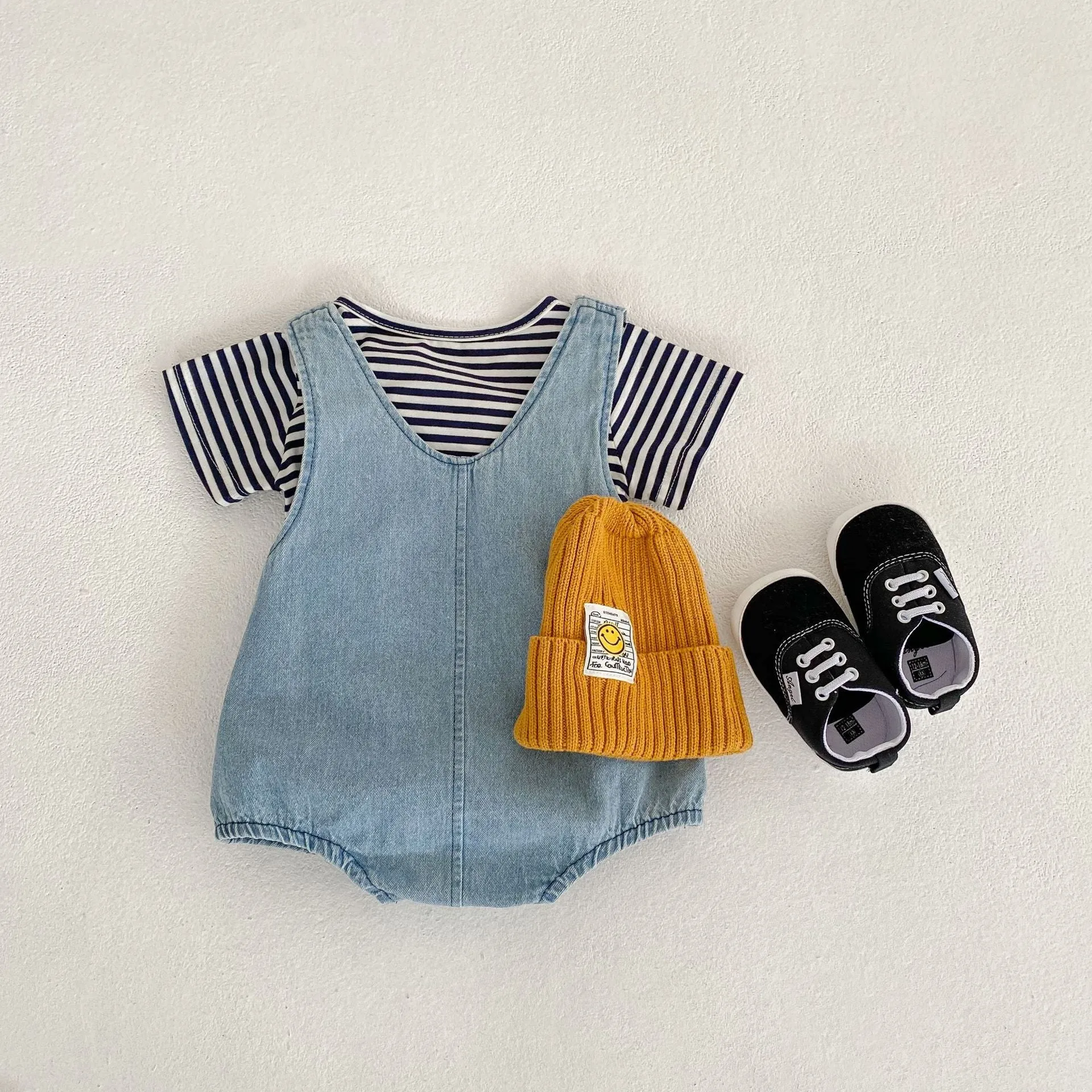 Casual Striped Top & Denim Overalls