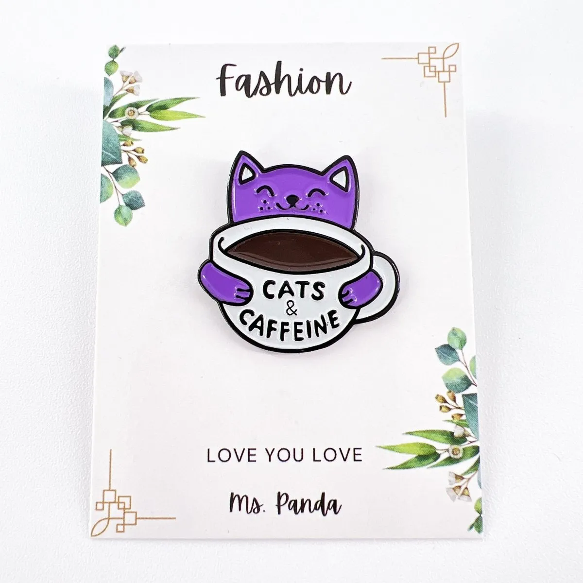 Cat Pin a Purple Cat with a Cup of Coffee Cute Cat Enamel Pin