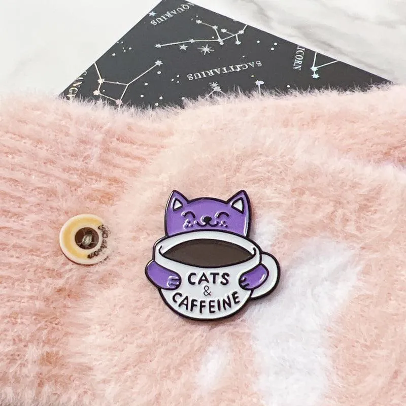 Cat Pin a Purple Cat with a Cup of Coffee Cute Cat Enamel Pin