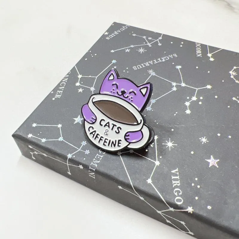 Cat Pin a Purple Cat with a Cup of Coffee Cute Cat Enamel Pin