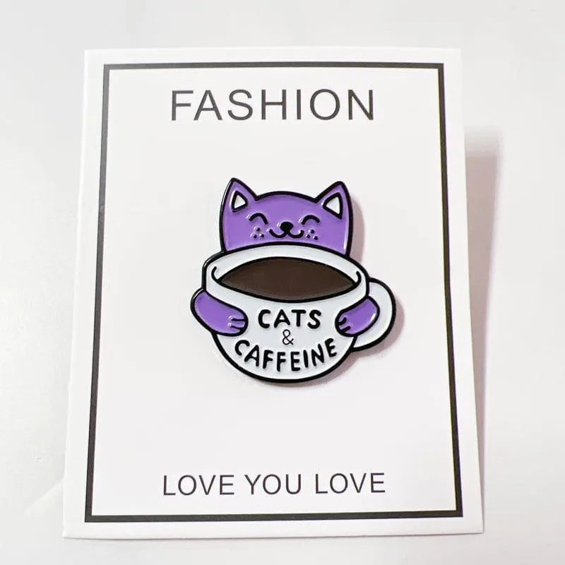 Cat Pin a Purple Cat with a Cup of Coffee Cute Cat Enamel Pin