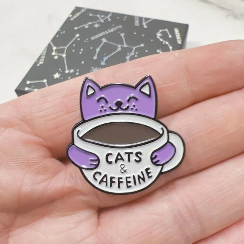 Cat Pin a Purple Cat with a Cup of Coffee Cute Cat Enamel Pin