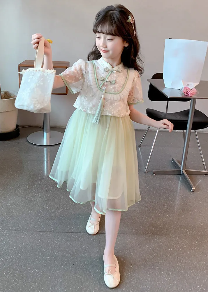 Chinese Style Green Stand Collar Tassel Fake Two Pieces Tulle Girls Maxi Dresses Summer MN009