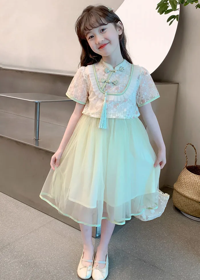 Chinese Style Green Stand Collar Tassel Fake Two Pieces Tulle Girls Maxi Dresses Summer MN009