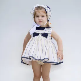 CLEARANCE SALE Abuela Tata - Baby Girls Lemon & Navy Dress, Knickers & Bonnet