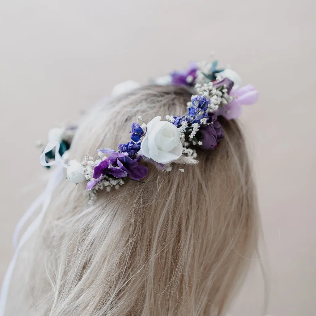 Colourful Dried Flowers Bridal Crown - Pastel Purple