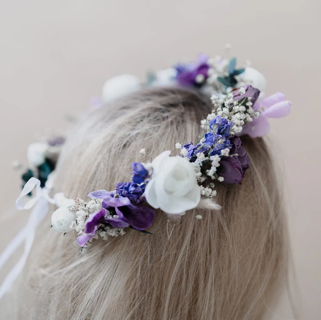 Colourful Dried Flowers Bridal Crown - Pastel Purple