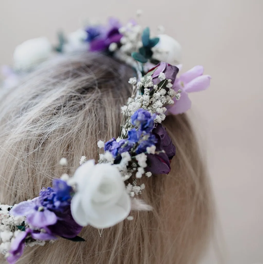 Colourful Dried Flowers Bridal Crown - Pastel Purple