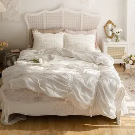 Coquette Ruffle Ribbon Ties Duvet Cover / White