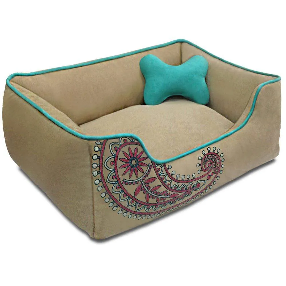 Cover-removable and Washable Paisley Inspired Embroidery Microsuede Dog Bed