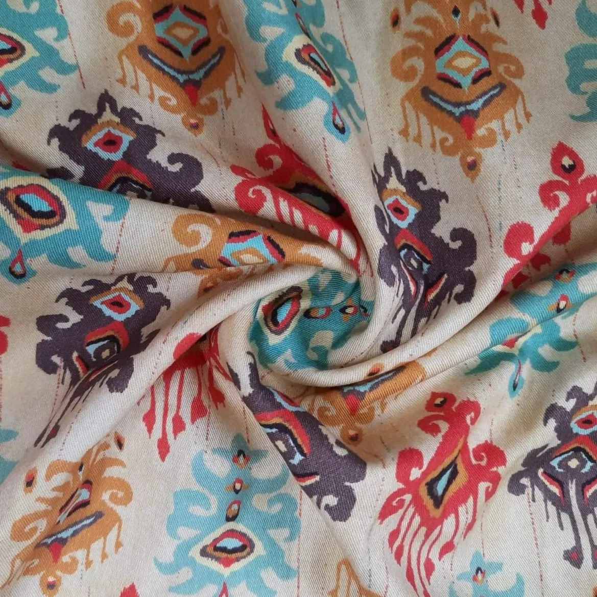 Cream Multi Color Traditional Motif Print Spun Fabric