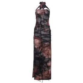 Cross Front Tie Dye Slit Mesh Dress