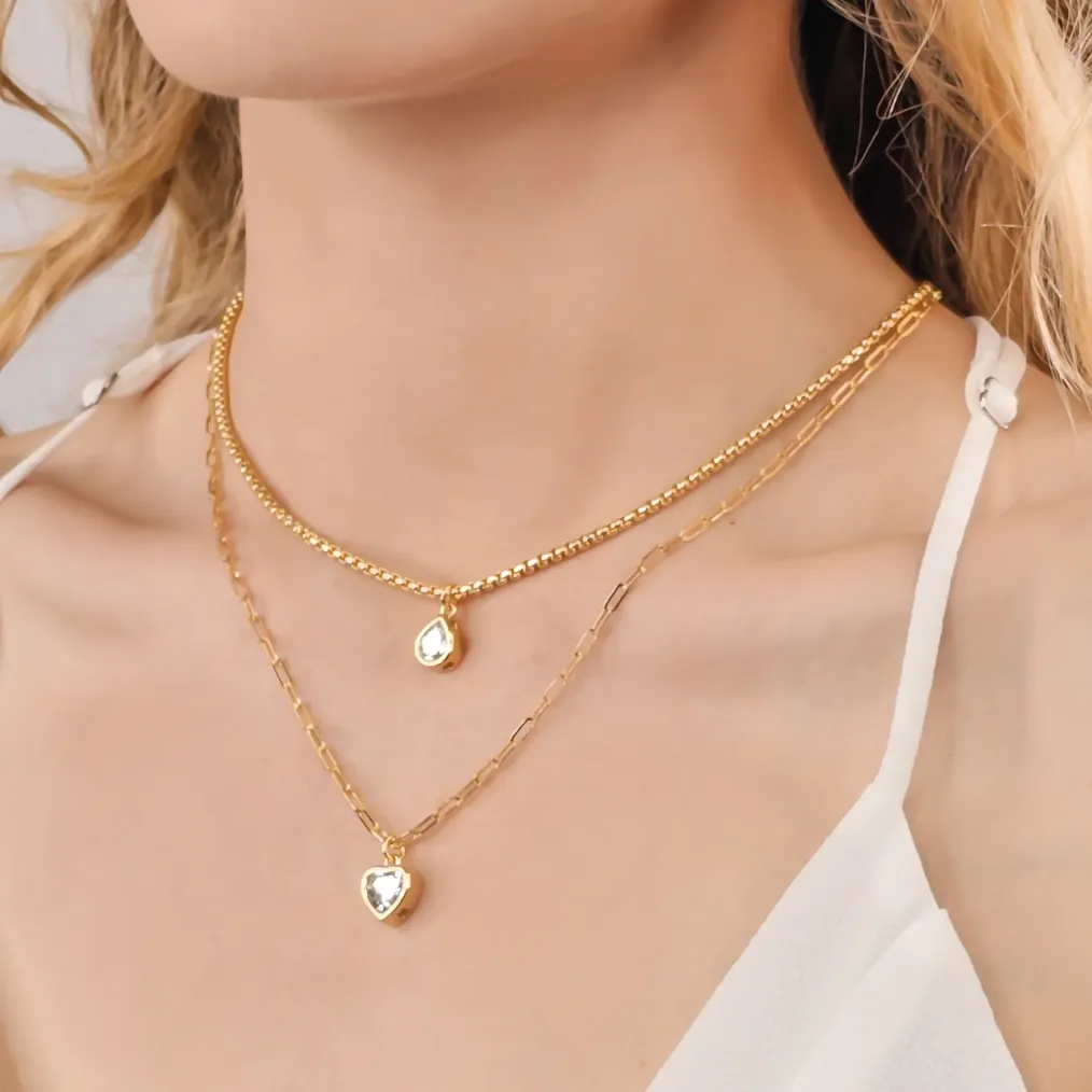 Cubic Zirconia Gold Teardrop Chain Necklace