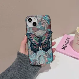 Cute Blue Jacquard Embroidery Design Protective Shockproof Phone Case with a Blue Butterly Cloth Patch for iPhone 11 12 13 14 15 Pro Max