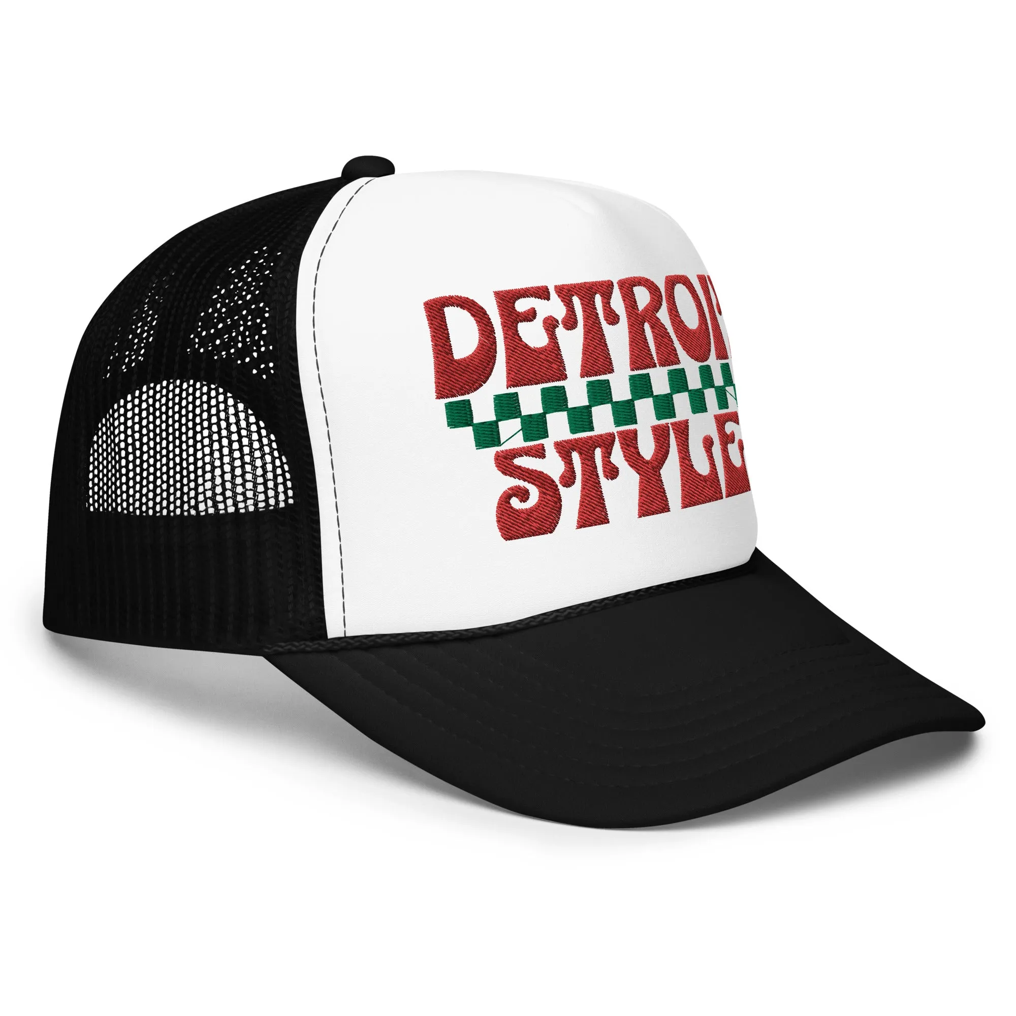 Detroit Style Pizza Foam Trucker Hat - Black & White - Embroidered with Red & Green