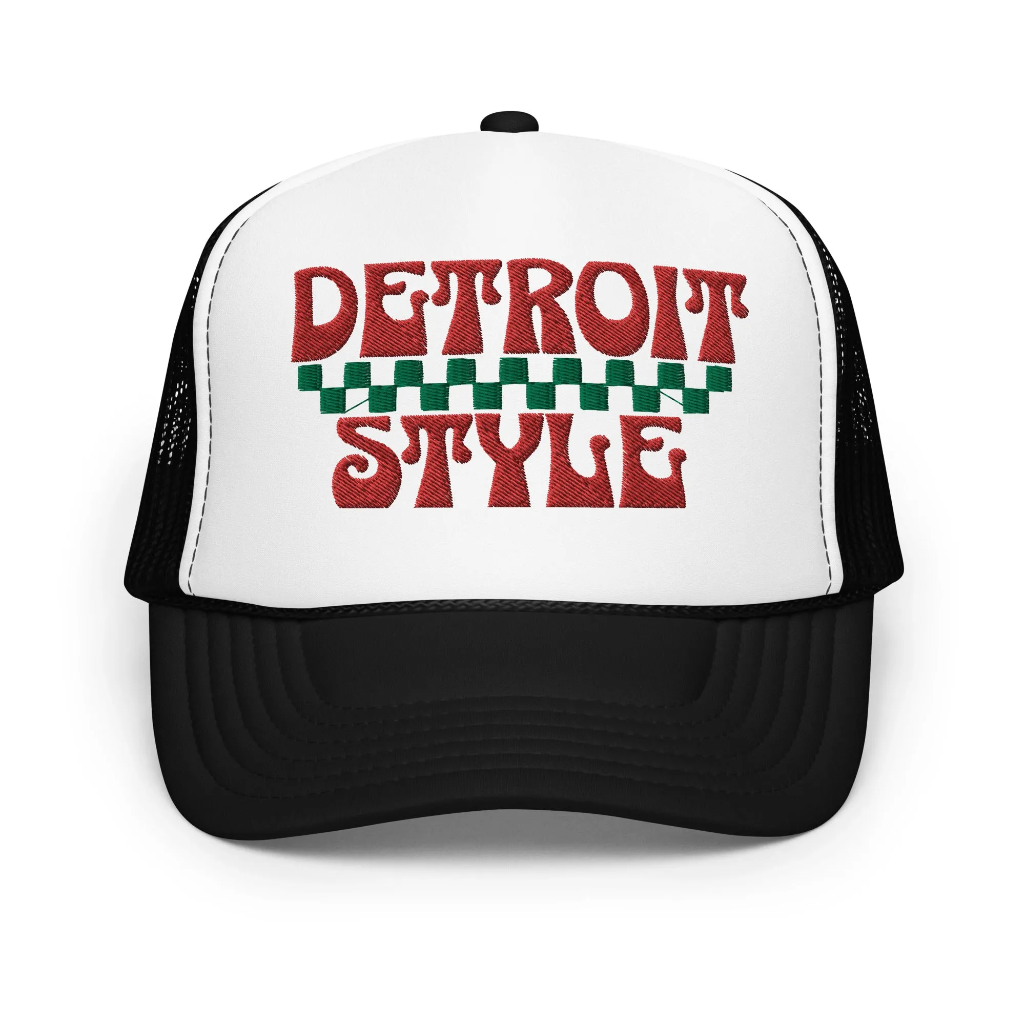 Detroit Style Pizza Foam Trucker Hat - Black & White - Embroidered with Red & Green