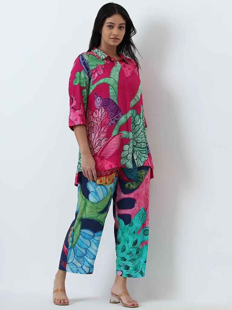 Diza Blue Leaf Printed High-Rise Palazzos