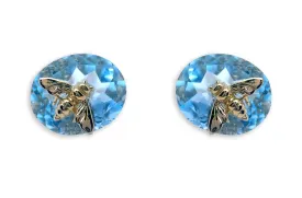 Earrings 18kt Gold Oval Blue Topaz & Bug Studs