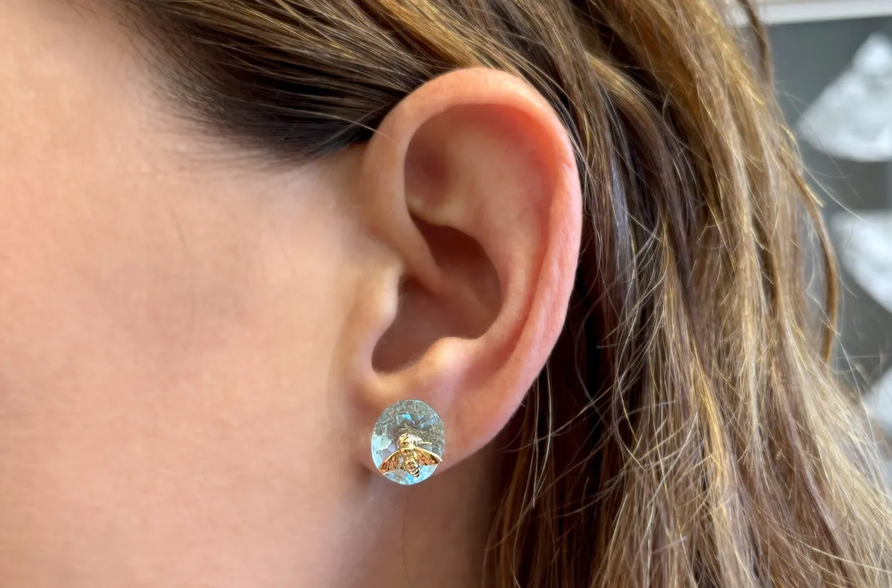 Earrings 18kt Gold Oval Blue Topaz & Bug Studs