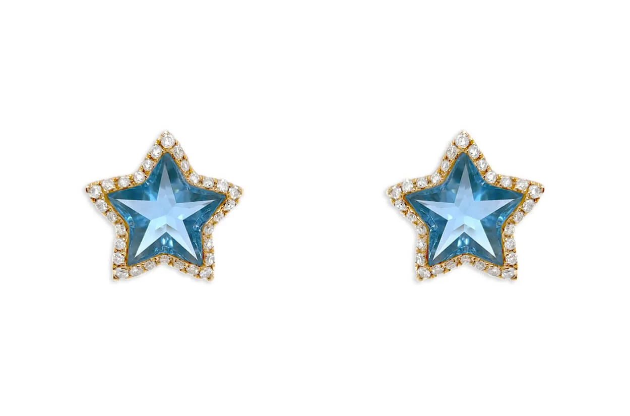 Earrings 18kt Gold Stars Blue Topaz & Diamonds Halo Studs