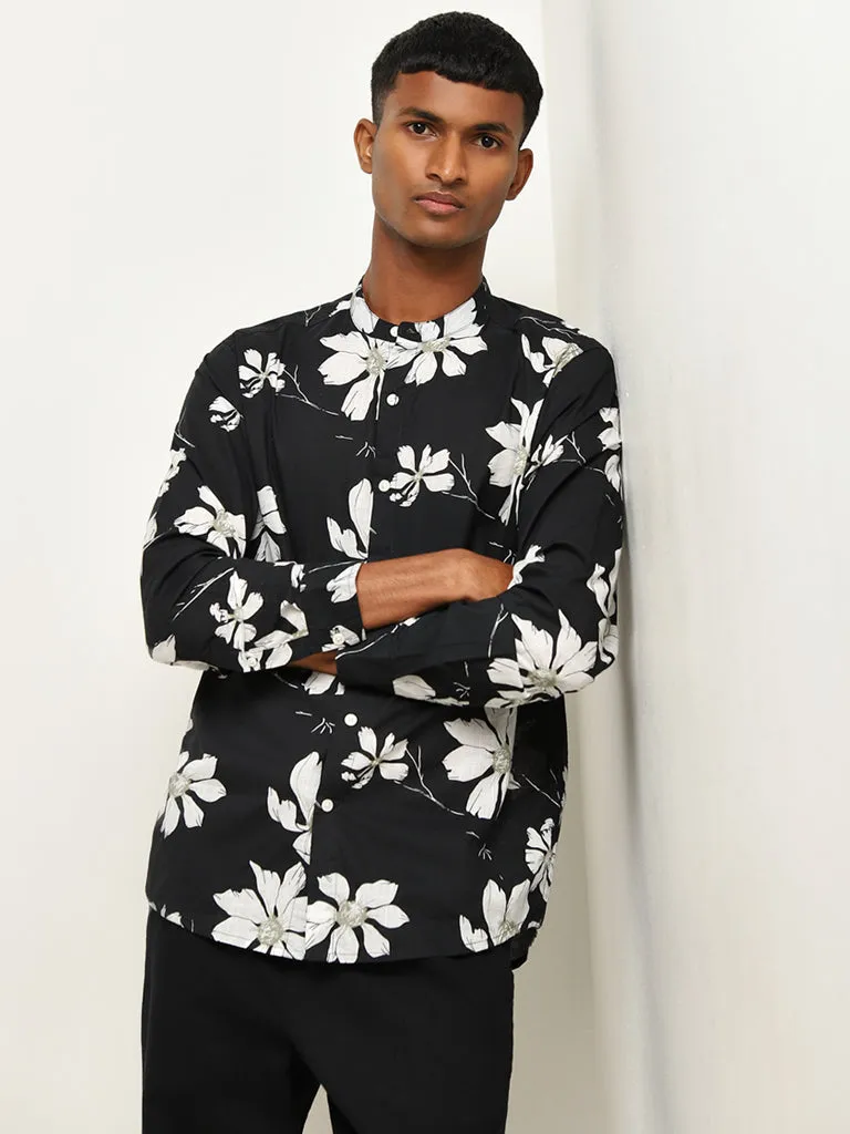 ETA Black Floral Printed Resort-Fit Cotton Shirt