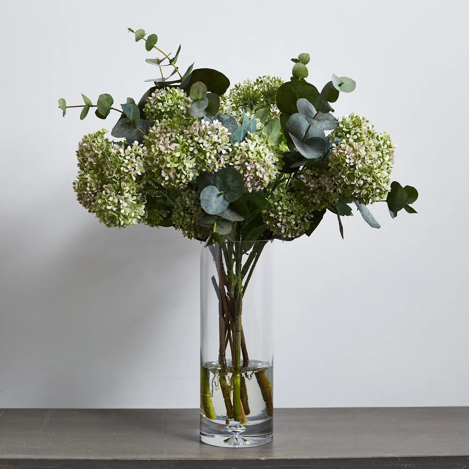 Eucalyptus & Snowball Large Everyday Spring Summer Floral Arrangement in Tall Glass Vase