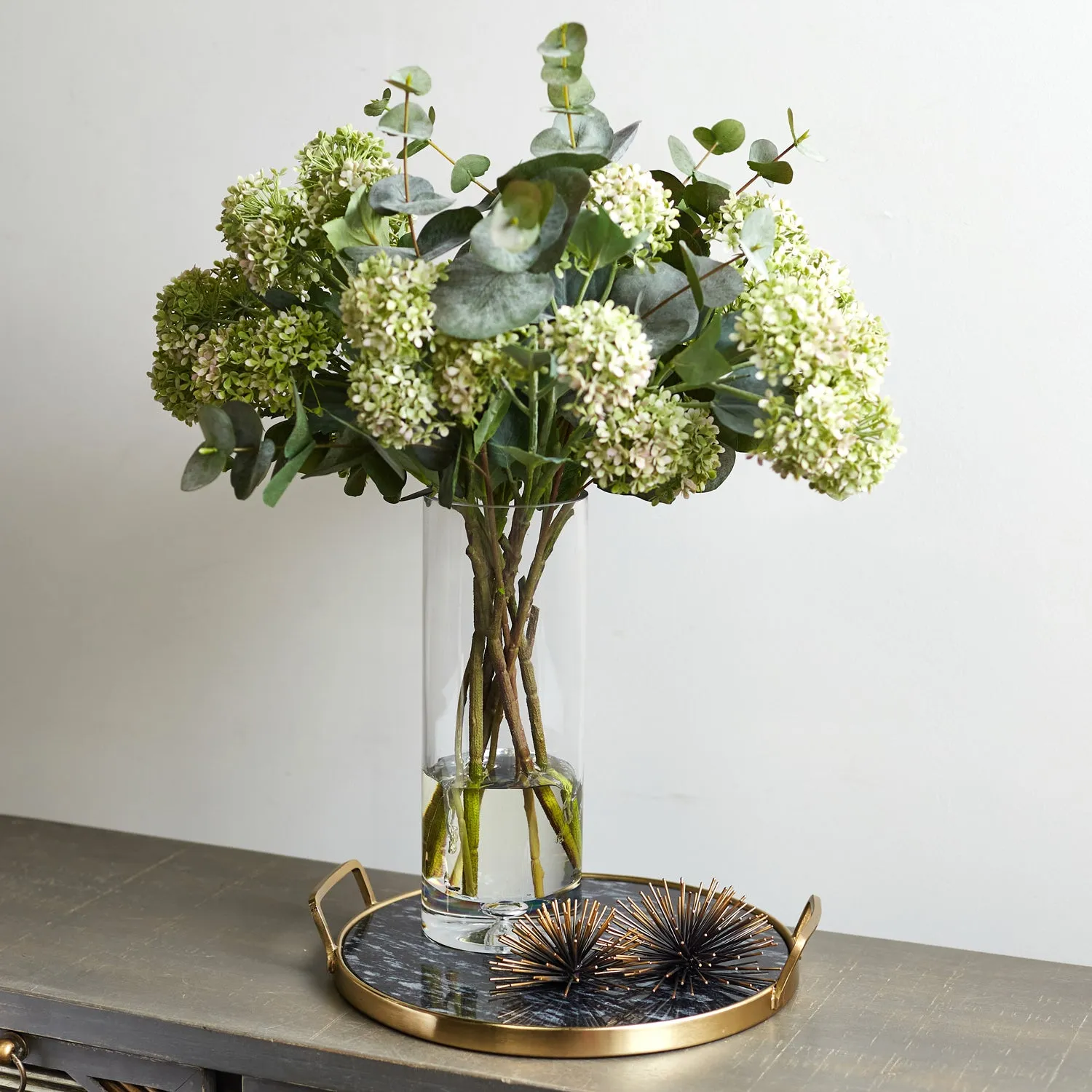 Eucalyptus & Snowball Large Everyday Spring Summer Floral Arrangement in Tall Glass Vase