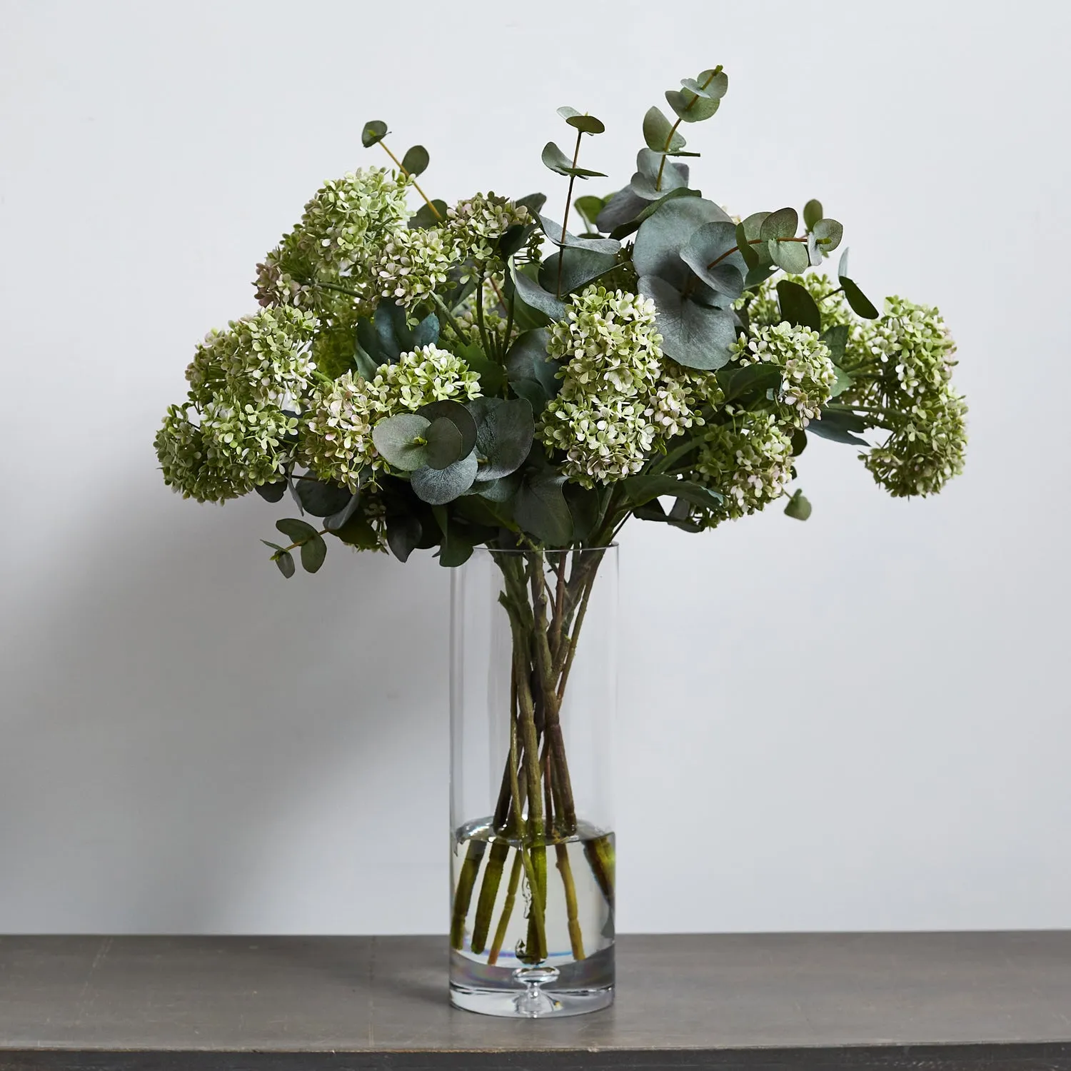 Eucalyptus & Snowball Large Everyday Spring Summer Floral Arrangement in Tall Glass Vase