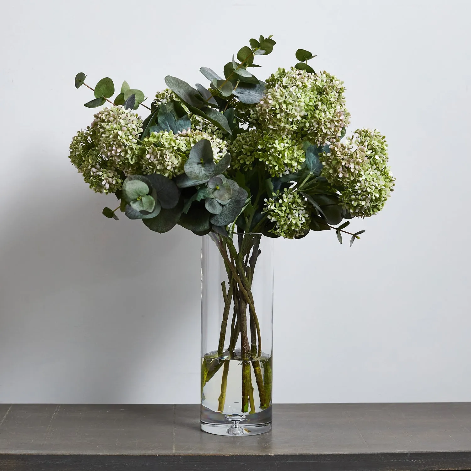 Eucalyptus & Snowball Large Everyday Spring Summer Floral Arrangement in Tall Glass Vase