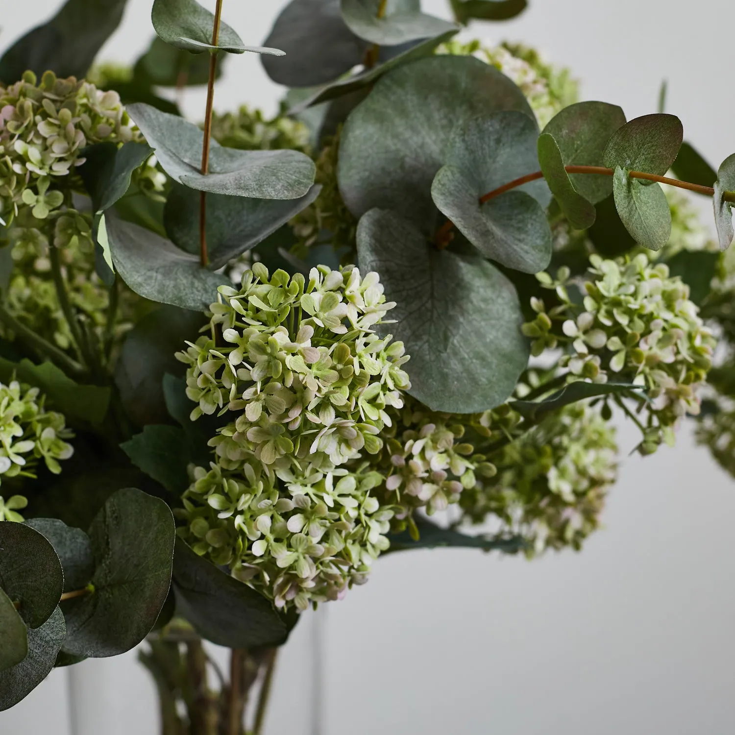 Eucalyptus & Snowball Large Everyday Spring Summer Floral Arrangement in Tall Glass Vase