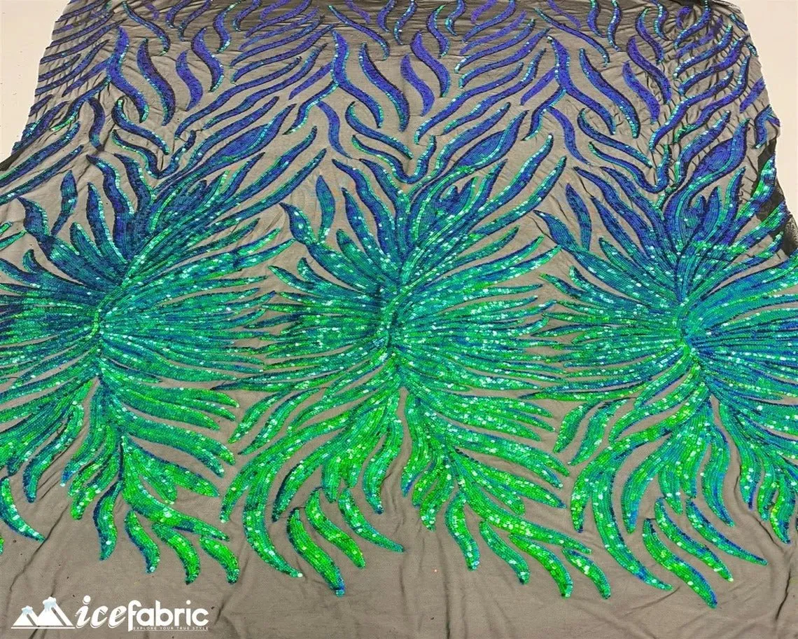 Feather Design Embroidery Stretch Sequin Fabric | 4 Way Stretch