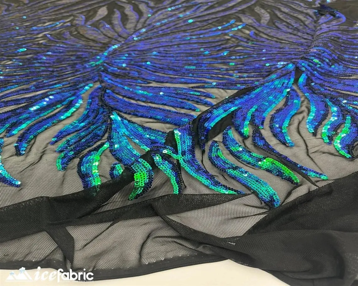 Feather Design Embroidery Stretch Sequin Fabric | 4 Way Stretch