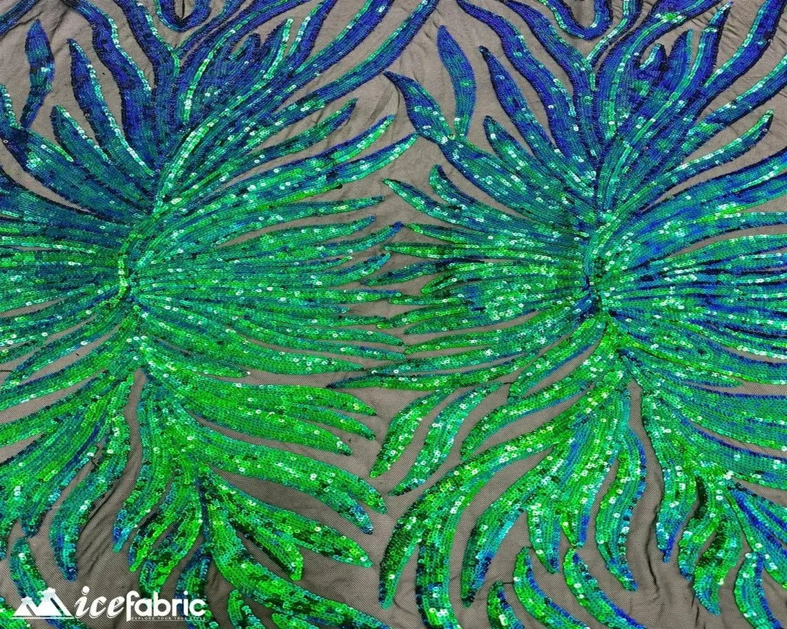 Feather Design Embroidery Stretch Sequin Fabric | 4 Way Stretch