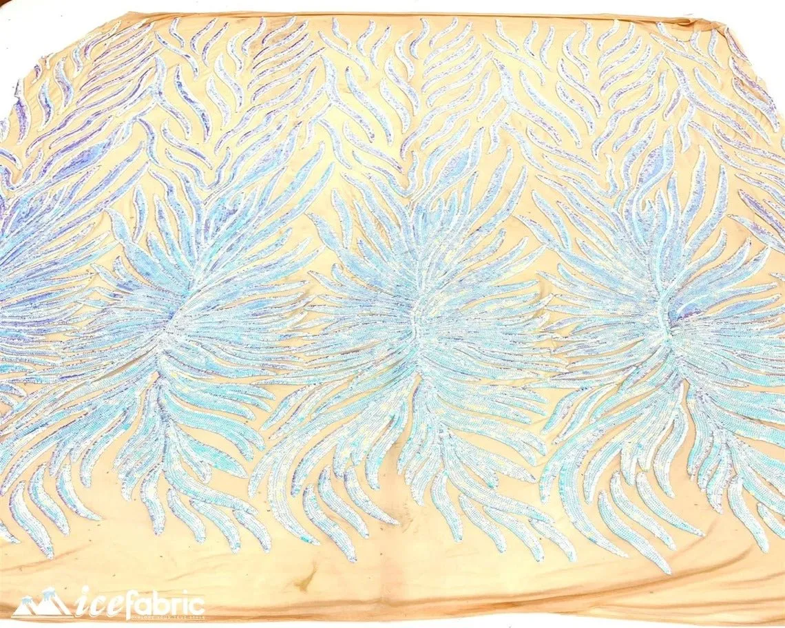 Feather Design Embroidery Stretch Sequin Fabric | 4 Way Stretch